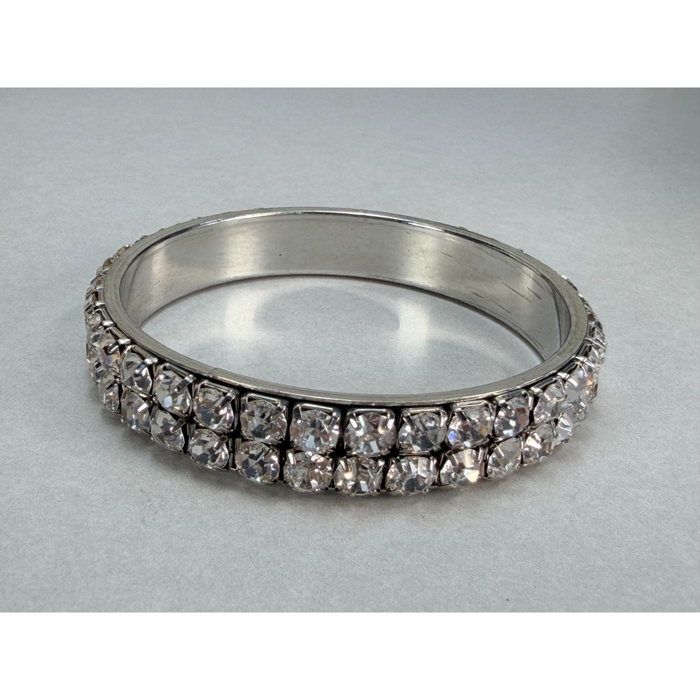 Vintage Clear Rhinestone Double Row Bangle Bracelet Glamour Statement Sparkle
